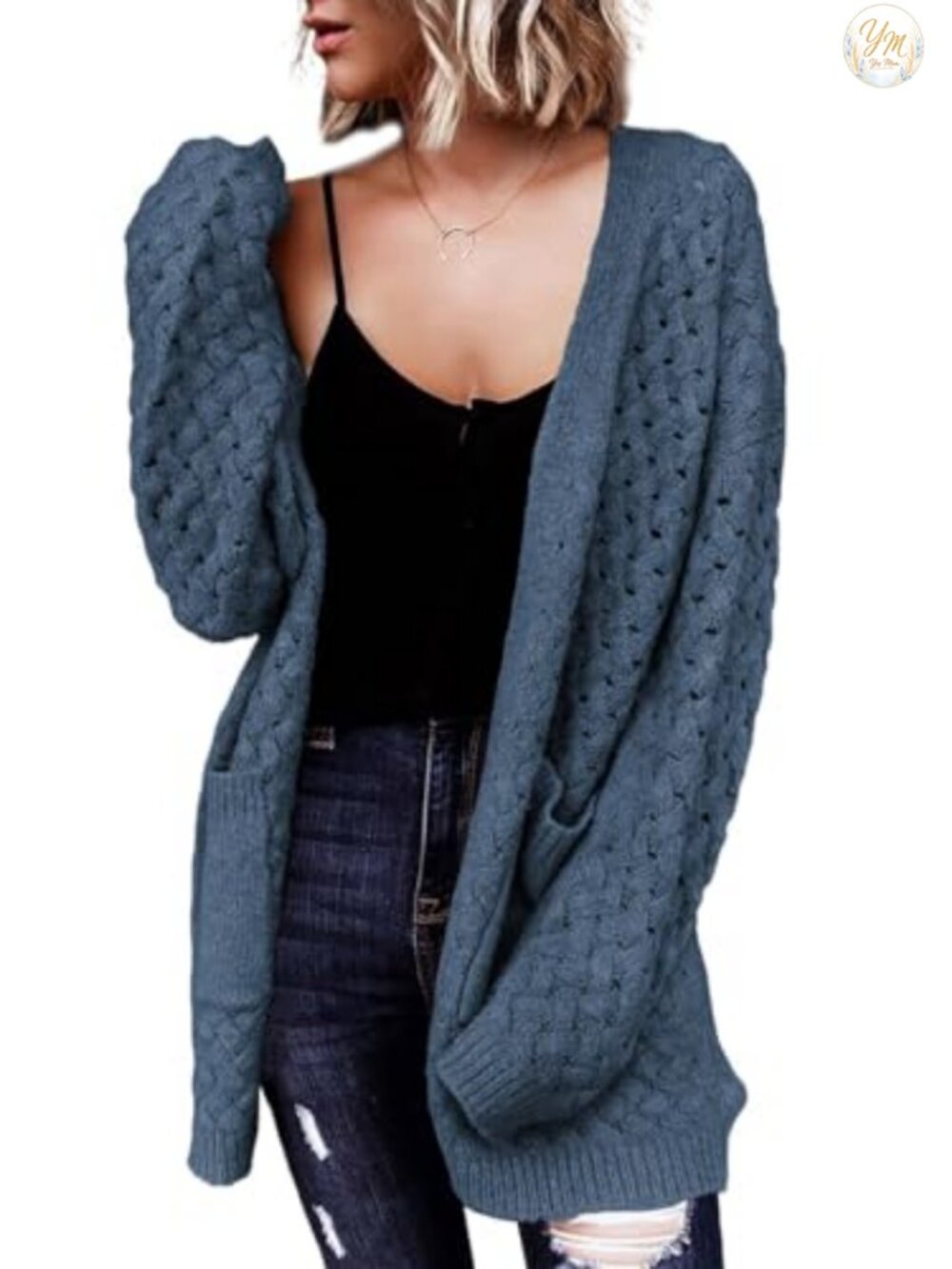 Cable Knit Open Front Cardigan Long Sleeve Chunky Sweater with Pockets